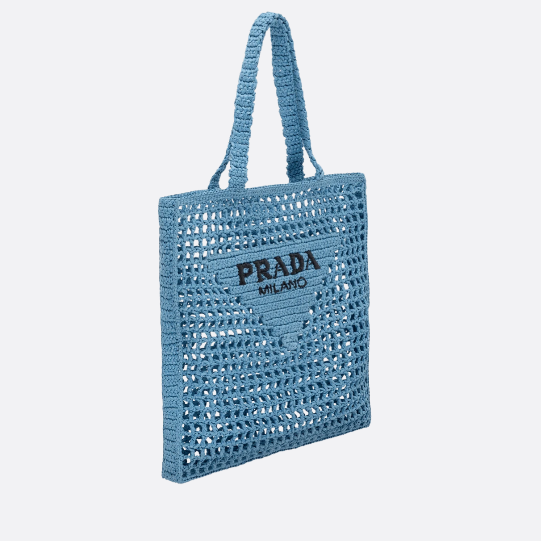 Prada Raffia Bag & Woven Logo In Blue