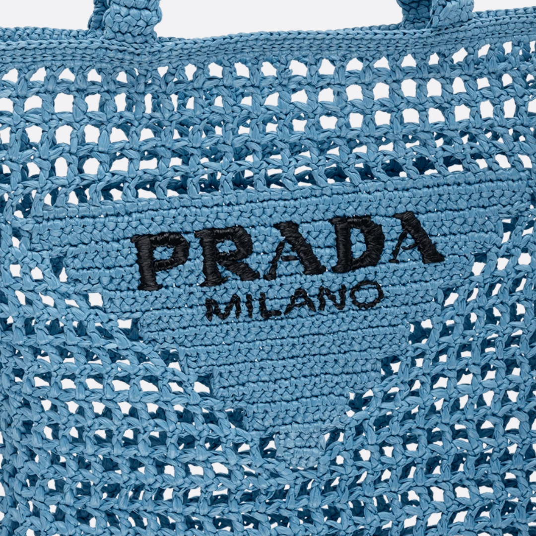 Prada Raffia Bag & Woven Logo In Blue