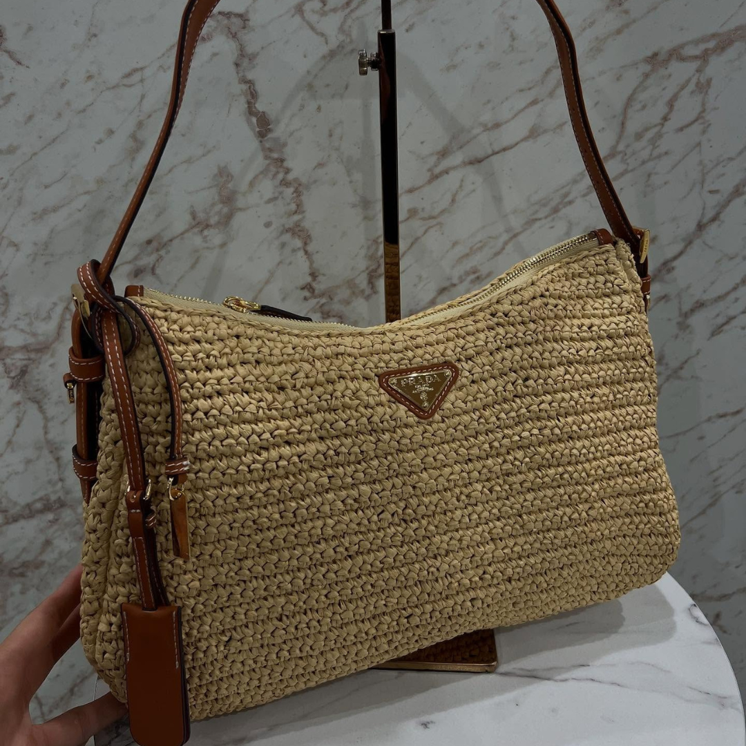 Prada Handbag In Crochet Knit & Leather – Large