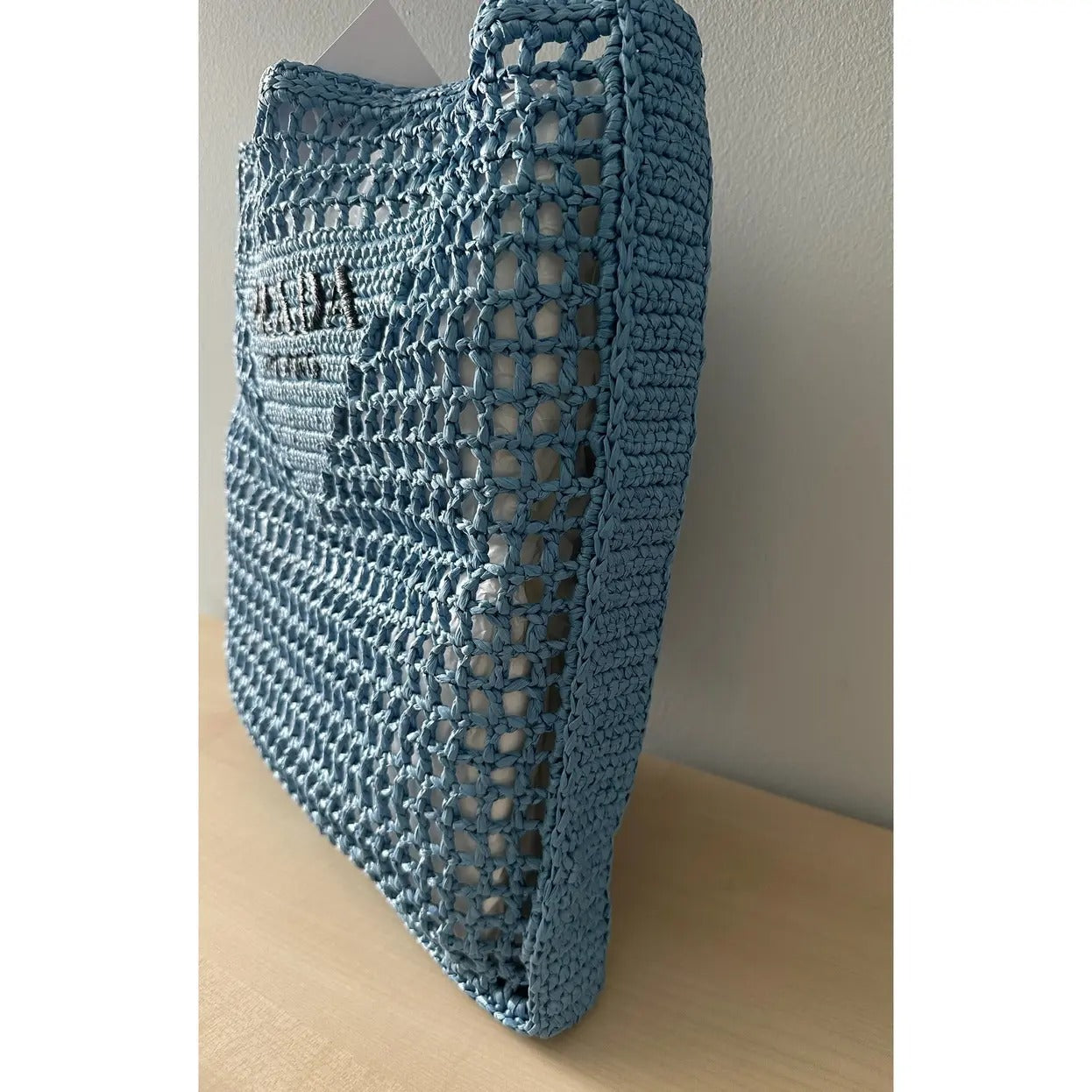 Prada Raffia Bag & Woven Logo In Blue