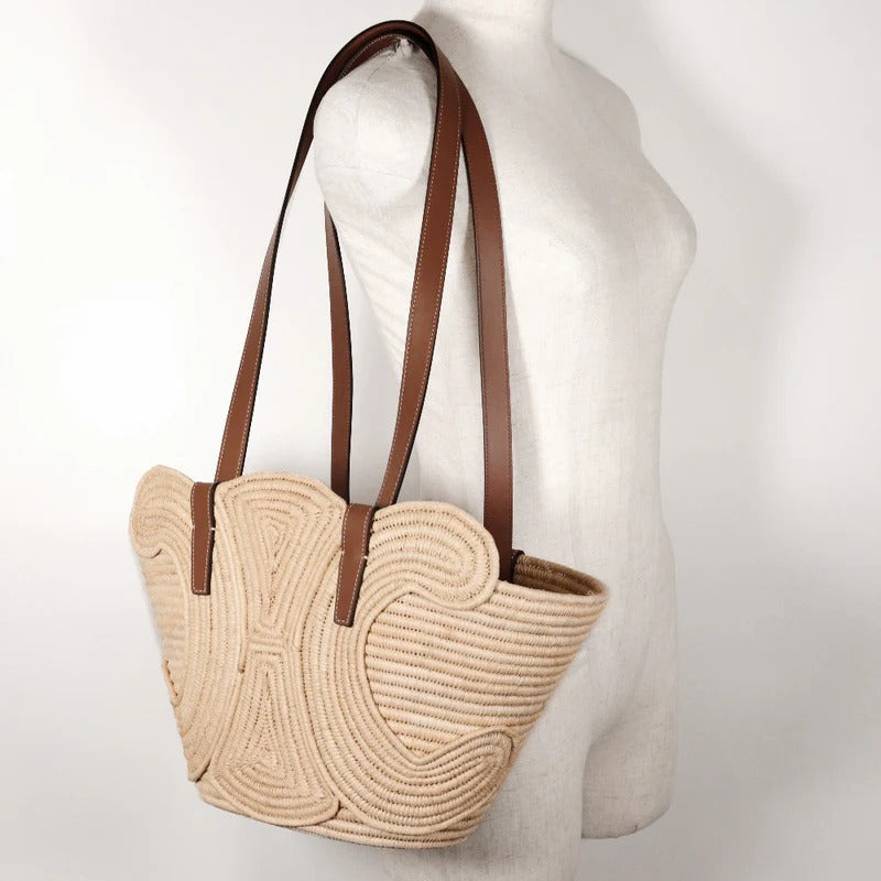 Céline Classic Small Panier Handbag In Raffia & Calf Leather