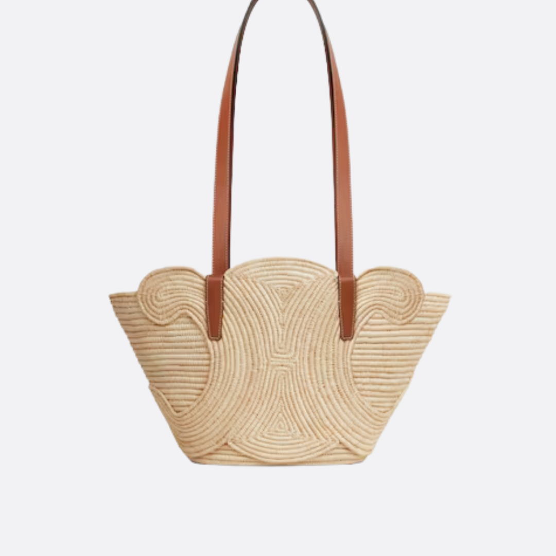 Céline Classic Small Panier Handbag In Raffia & Calf Leather