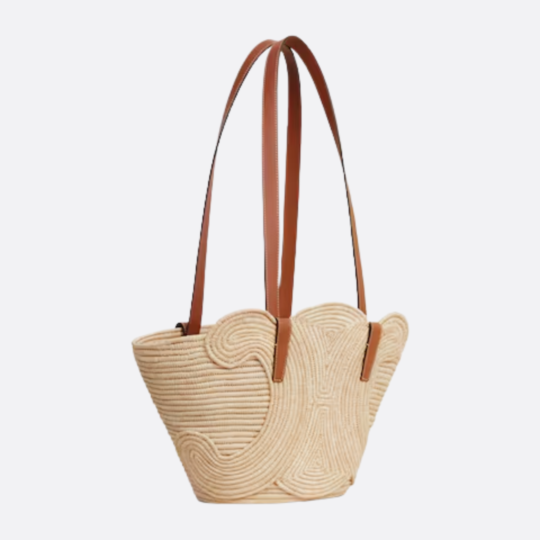Céline Classic Small Panier Handbag In Raffia & Calf Leather