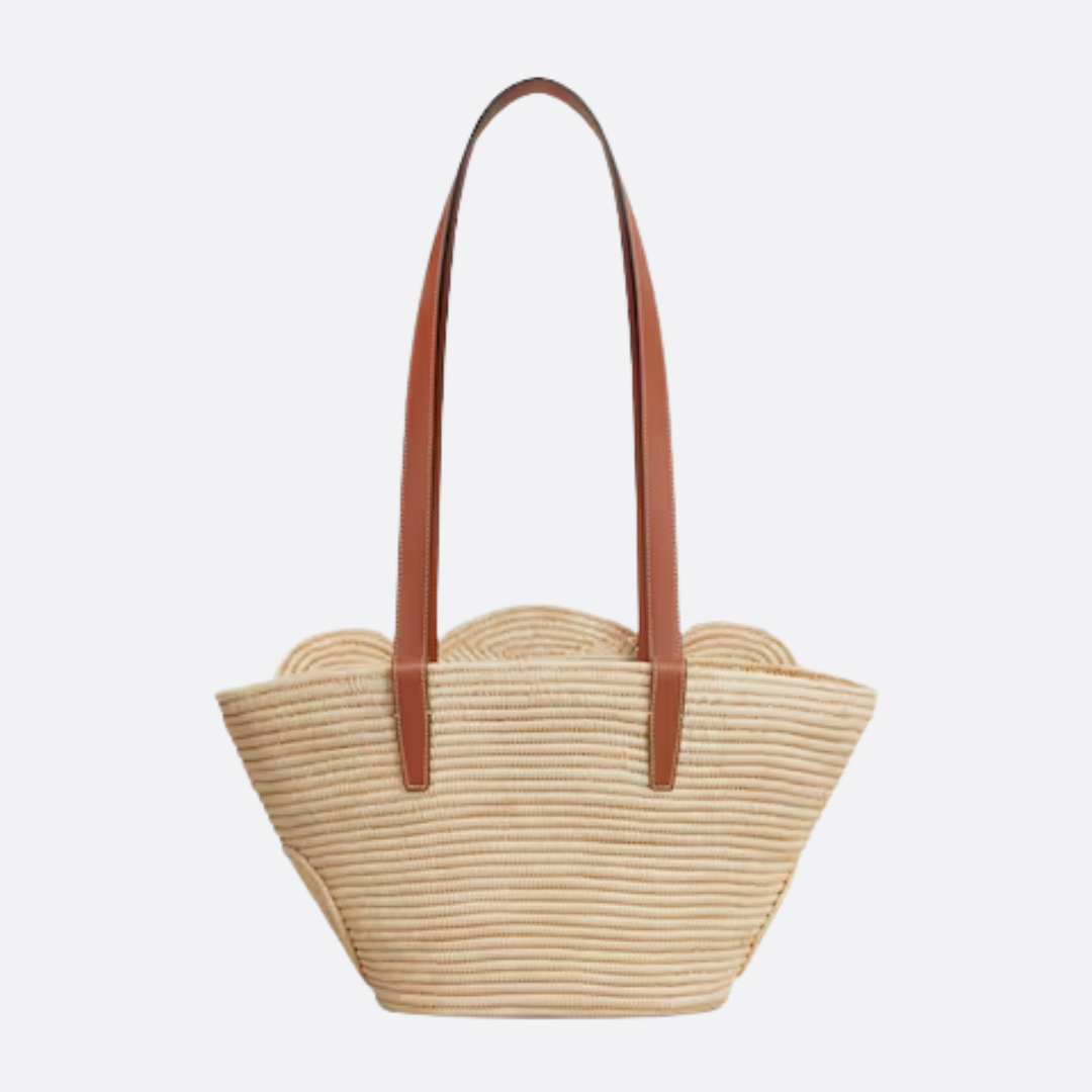 Céline Classic Small Panier Handbag In Raffia & Calf Leather