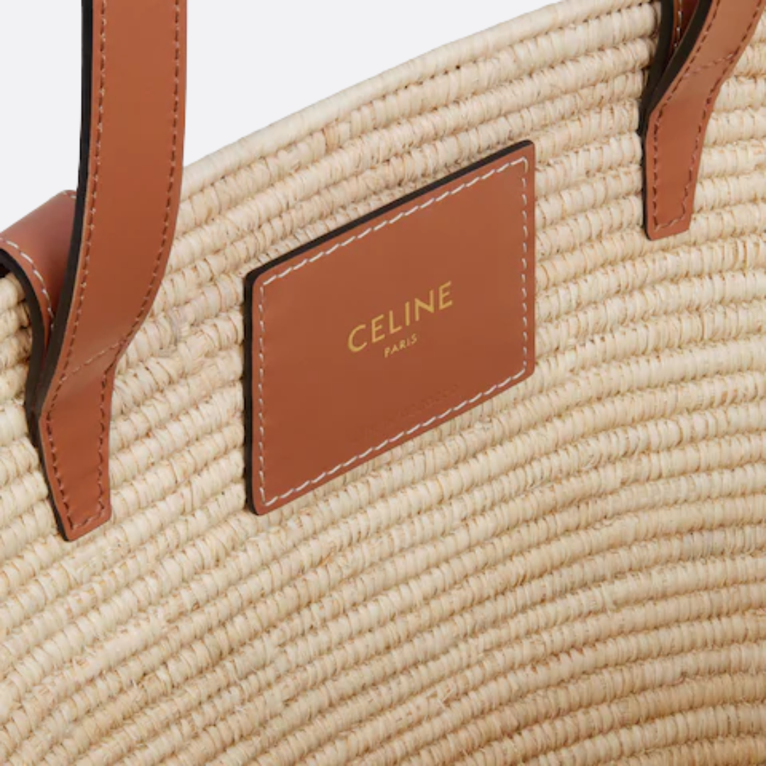 Céline Classic Small Panier Handbag In Raffia & Calf Leather