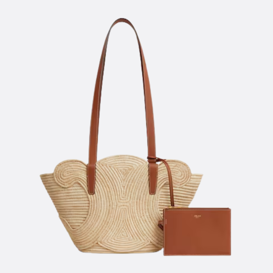 Céline Classic Small Panier Handbag In Raffia & Calf Leather