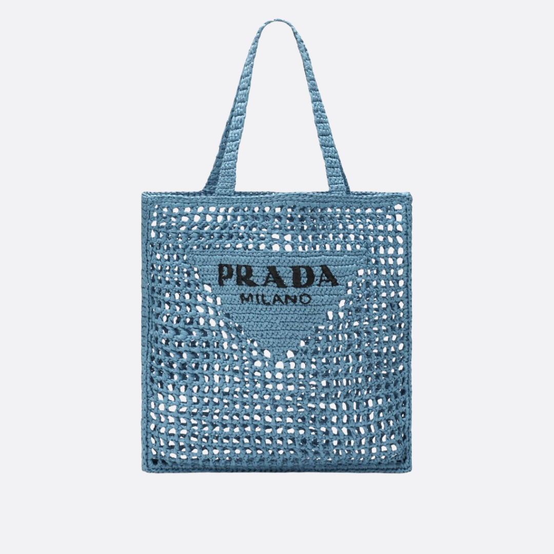 Prada Raffia Bag & Woven Logo In Blue