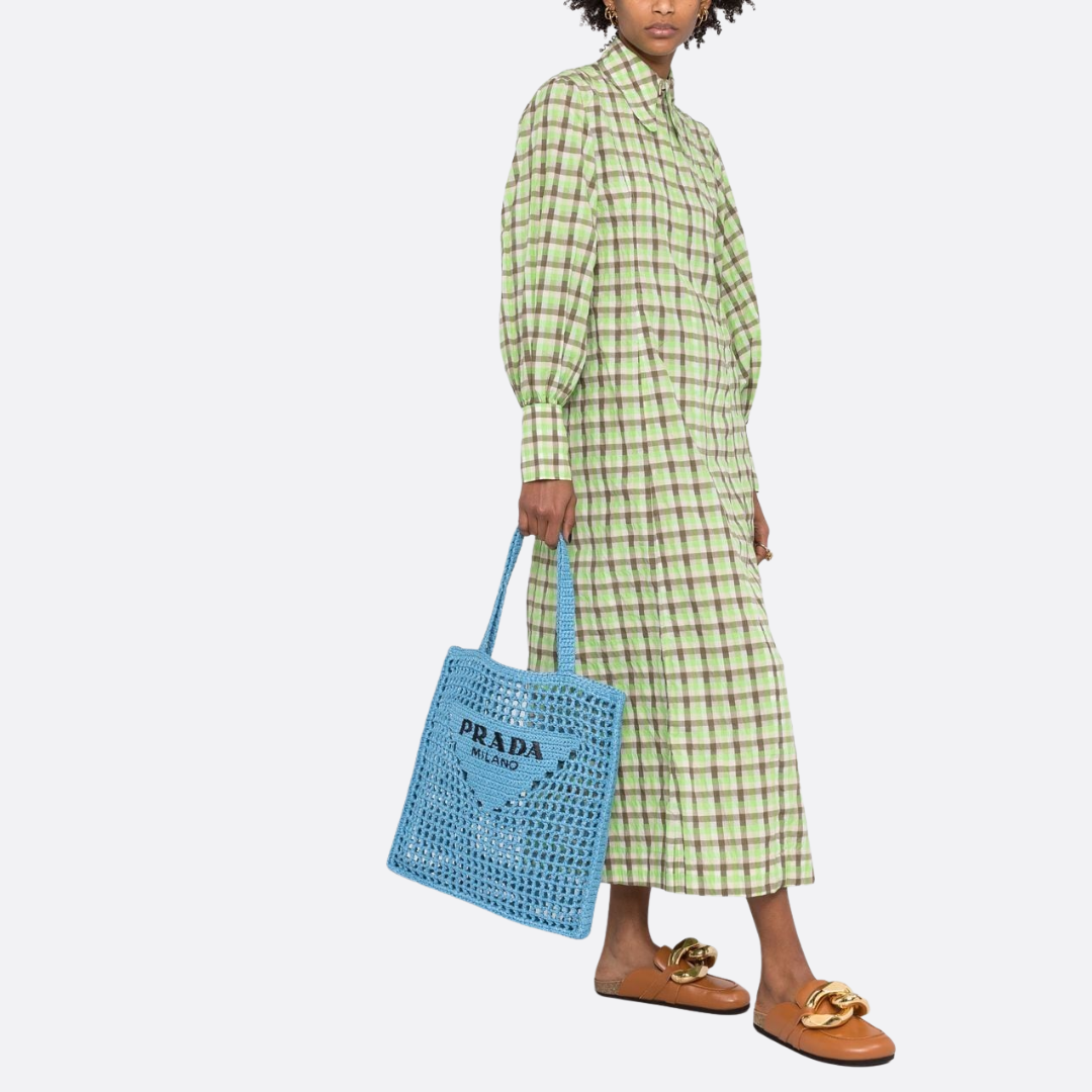 Prada Raffia Bag & Woven Logo In Blue