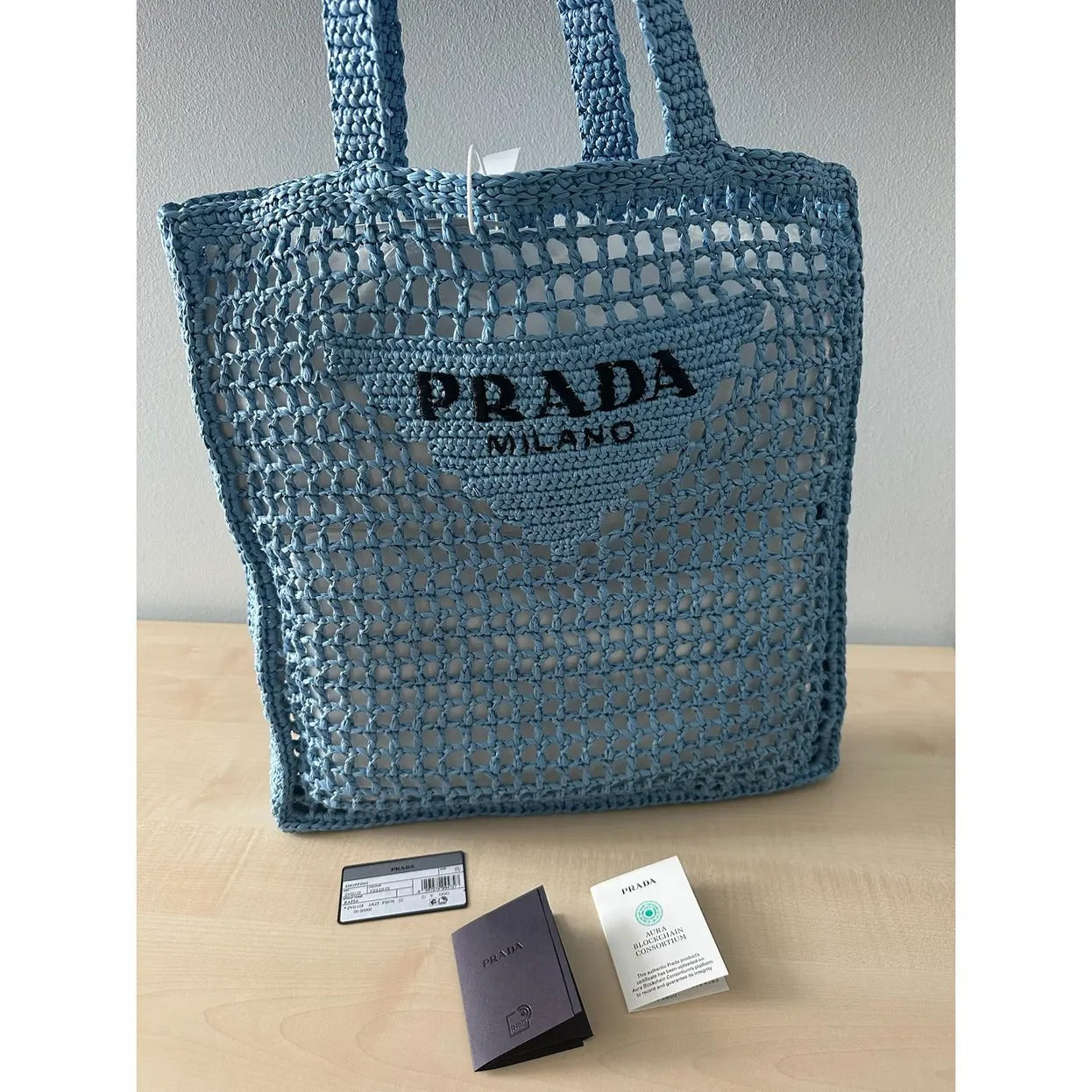 Prada Raffia Bag & Woven Logo In Blue