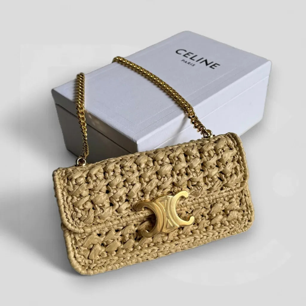 Céline Claude Chain Shoulder Bag In Raffia-effect – Exclusive