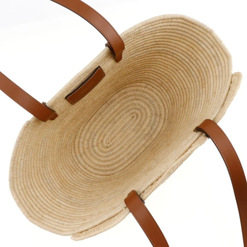 Céline Classic Small Panier Handbag In Raffia & Calf Leather